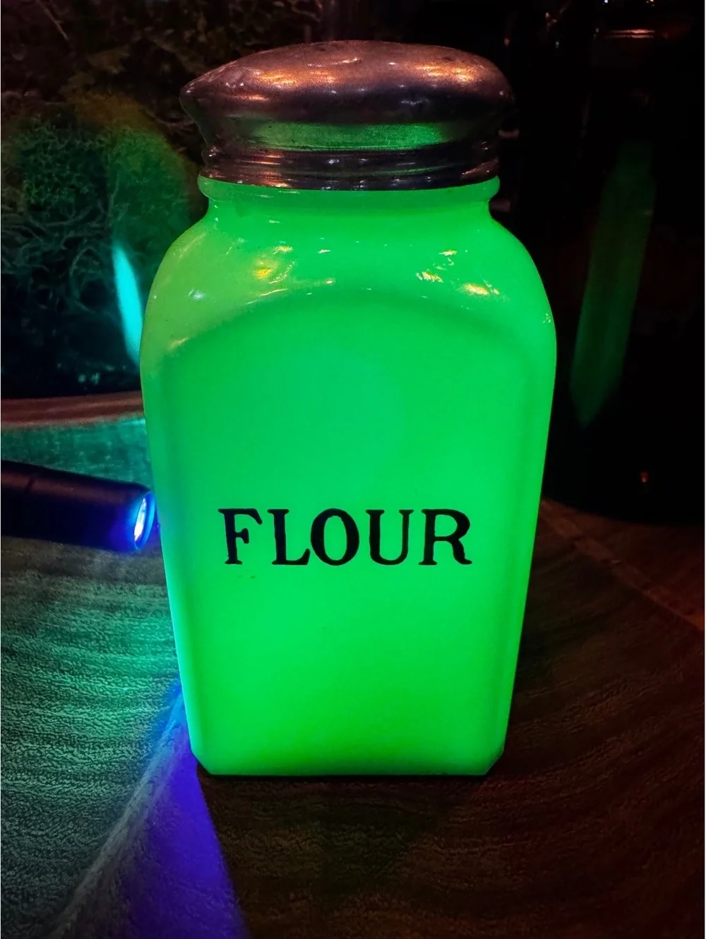 1930s Jeannette Jadeite Uranium Glass Flour Shaker
